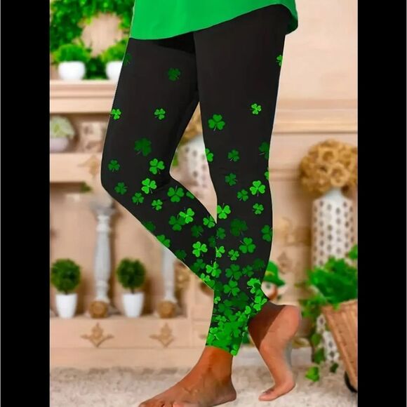 St Patrick's Day Clover Shamrock Print Stretch Leggings Sz 14 - Picture 1 of 5
